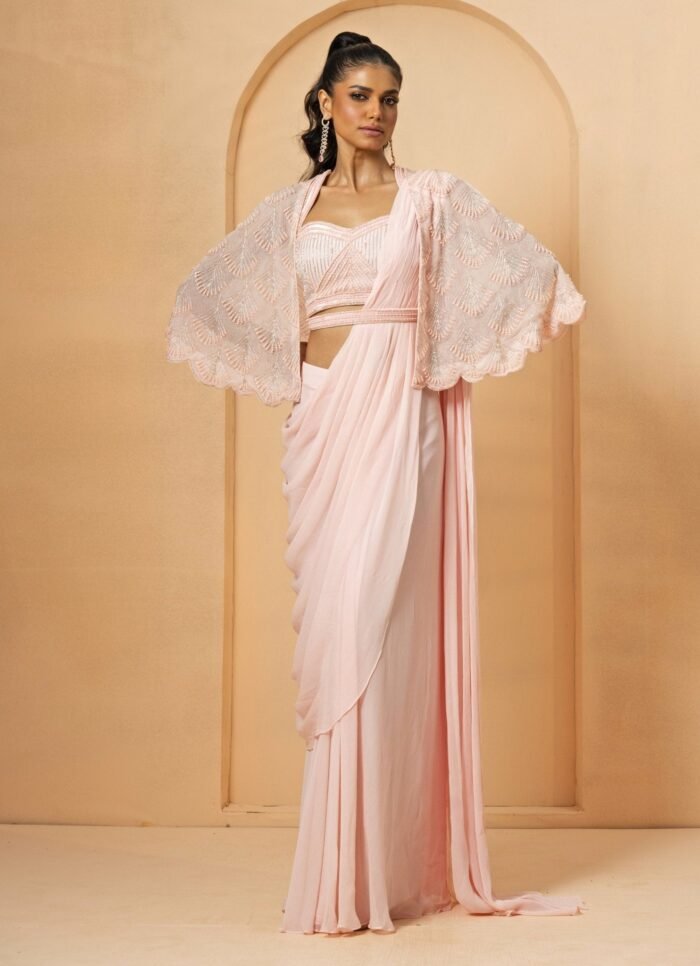 Pink Pre-Stitched And Drape Georgette Saree With Cape