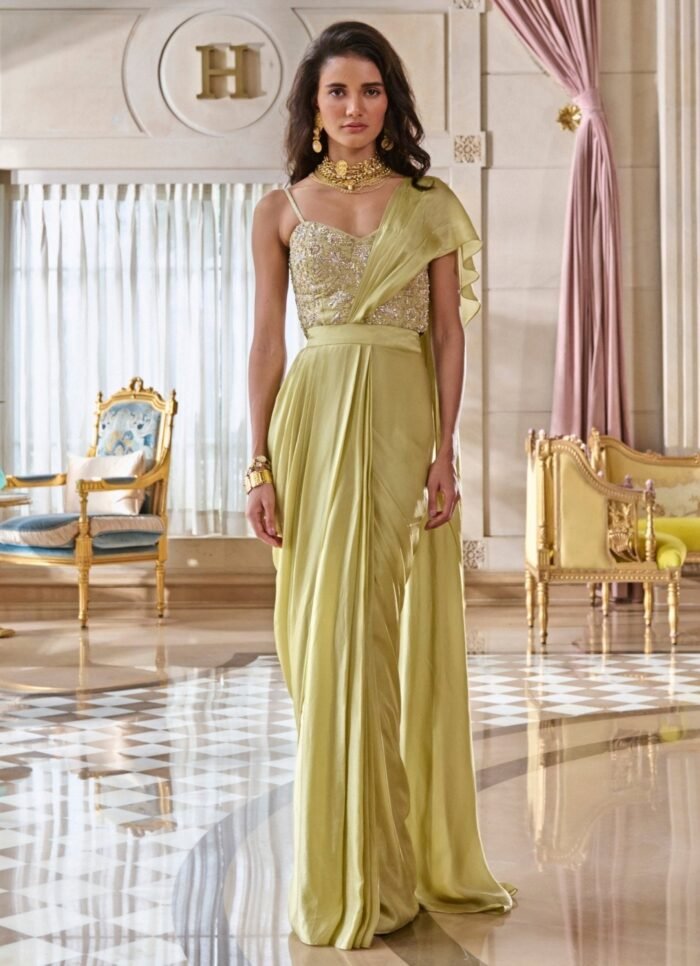 Pista Green Satin Saree With Corset