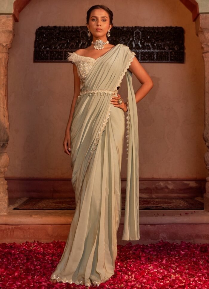 Green Pre-Draped Crepe Saree With Off Shoulder Blouse