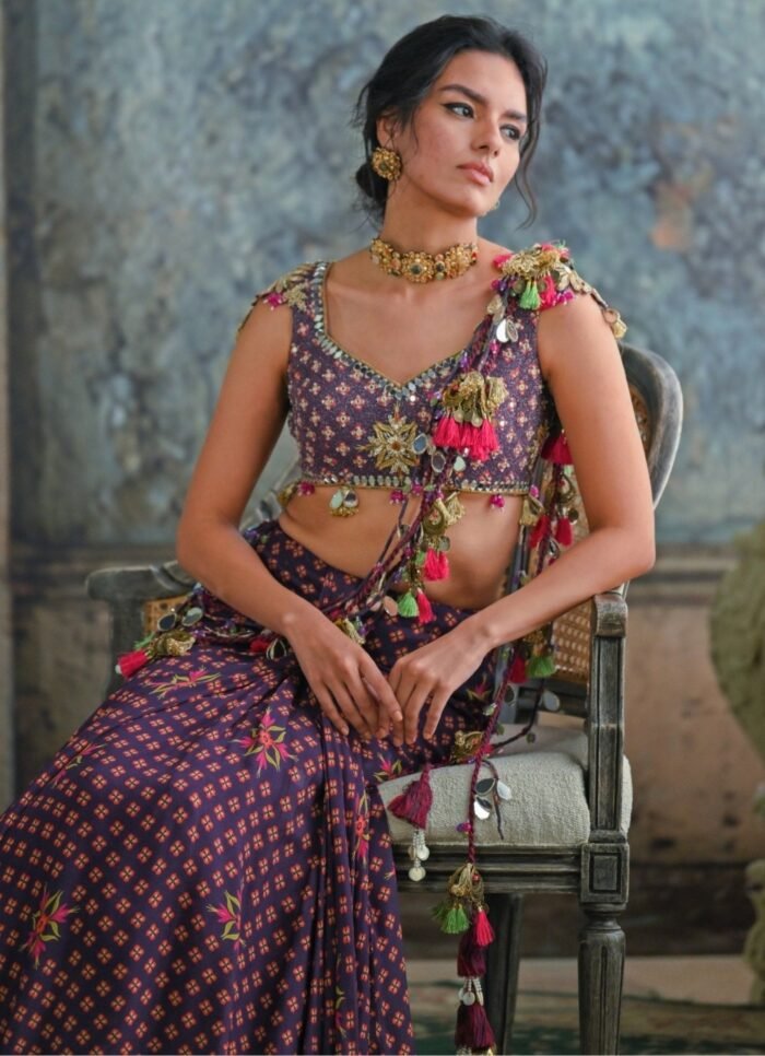 Plum Purple Printed Predraped Chinon Mermaid Saree