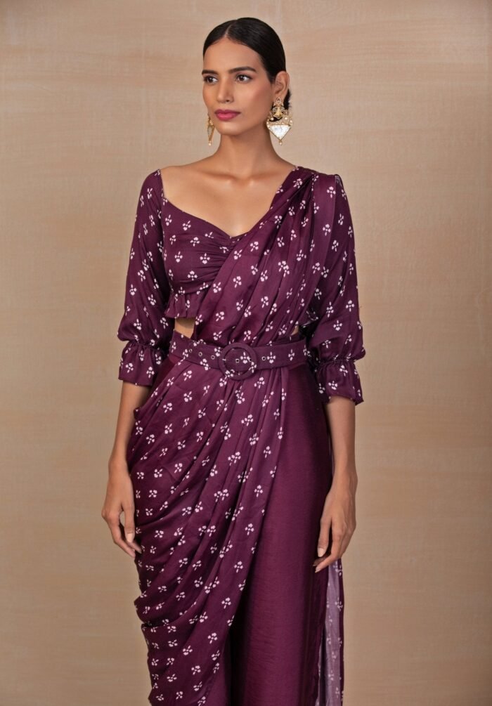Plum Purple Printed Satin Pants Saree