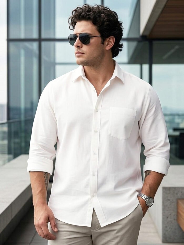 Plus Men's White Linen Blend Full Sleeve Relaxed Fit Casual Solid Shirt