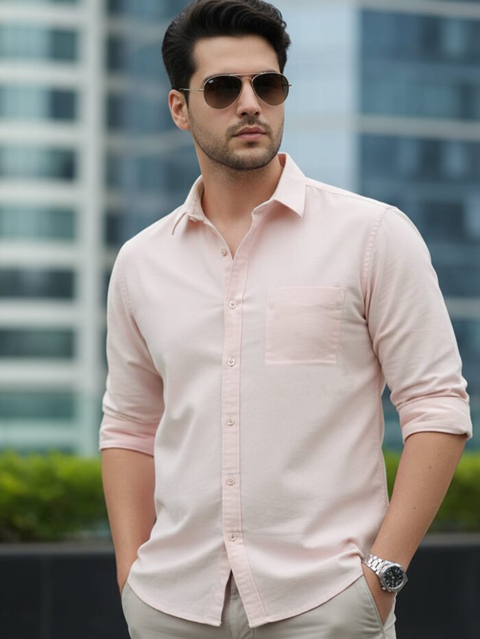 Plus Men's Baby Pink Cotton Full Sleeve Regular Fit Casual Solid Shirt