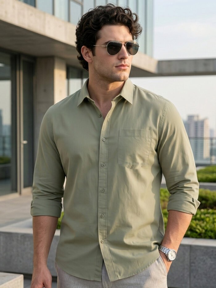 Plus Men's Olive Cotton Full Sleeve Regular Fit Casual Solid Shirt