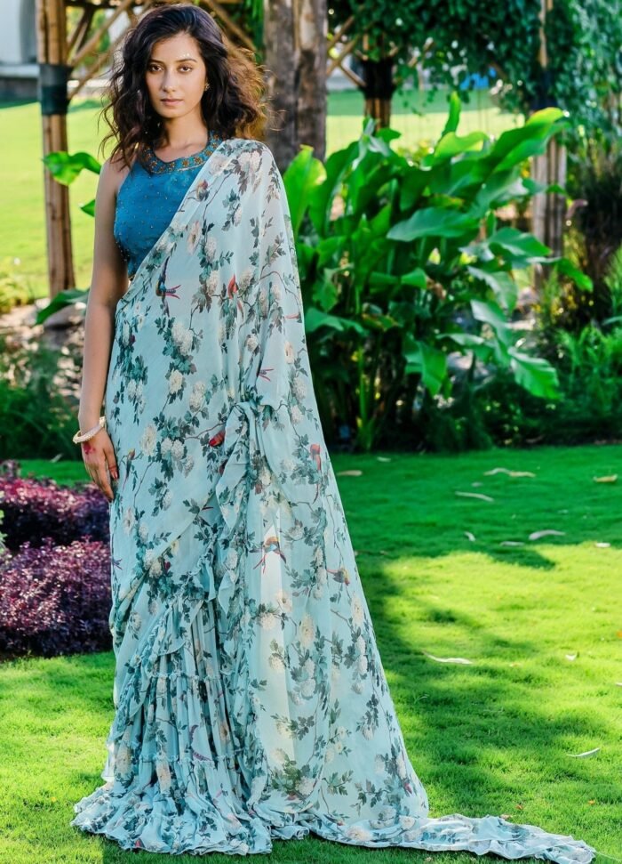 Powder Blue Printed Predraped Ruffled Saree