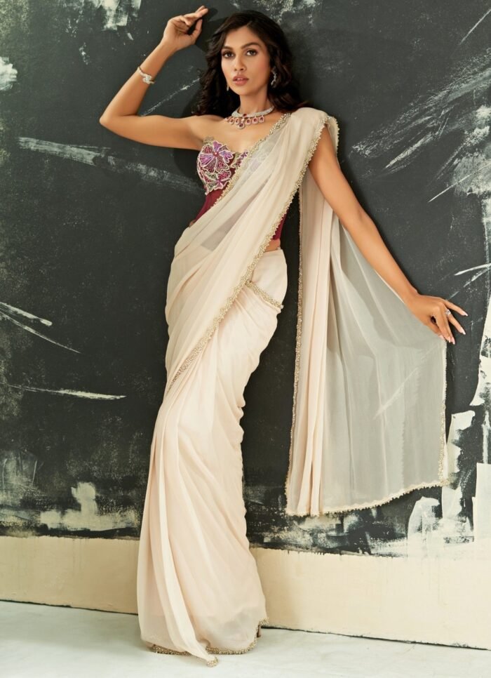 Powder Pink Predraped Georgette Saree With Red Corset