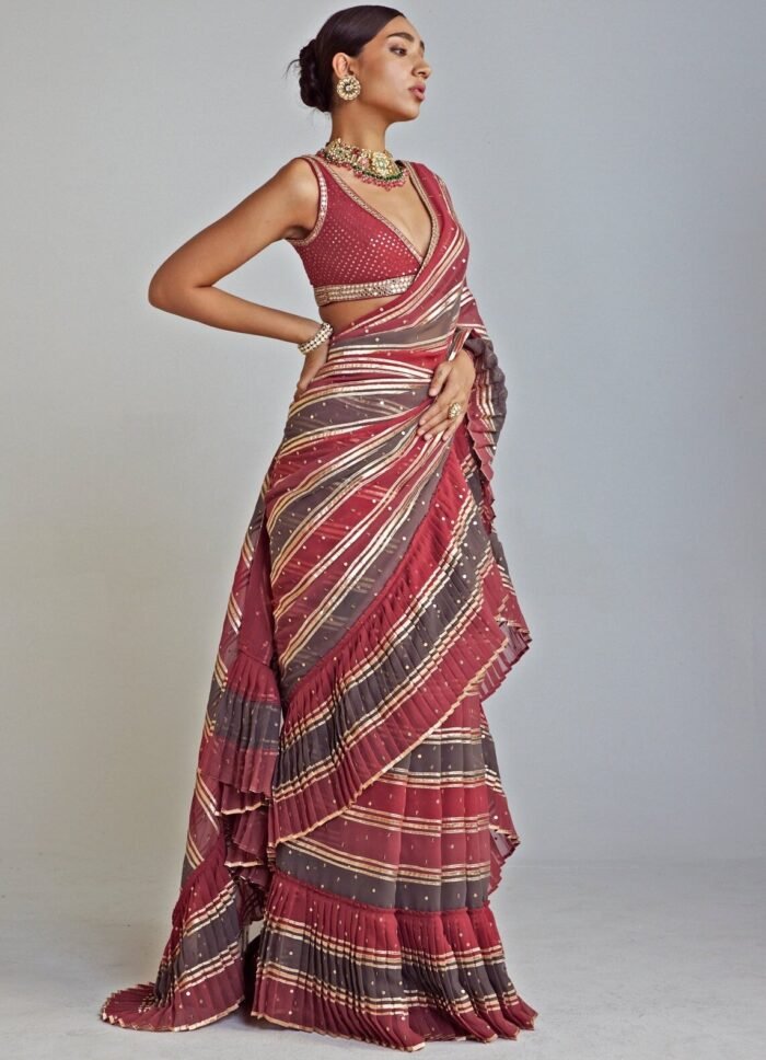 Pre Draped Charcoal Grey And Gold Multicolor Saree