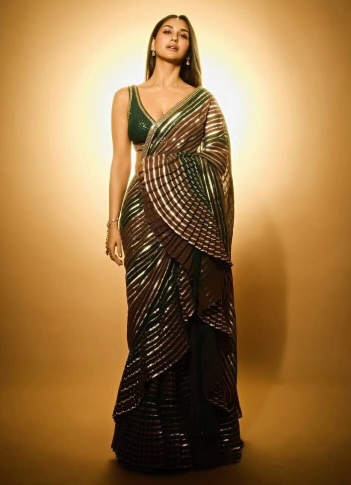 Pre Draped Mud Green And Gold Multicolour Saree