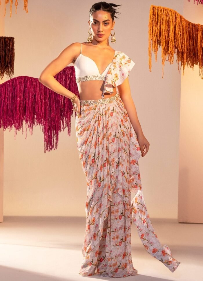 White Printed Draped Saree With Frill Dupatta And Bralette