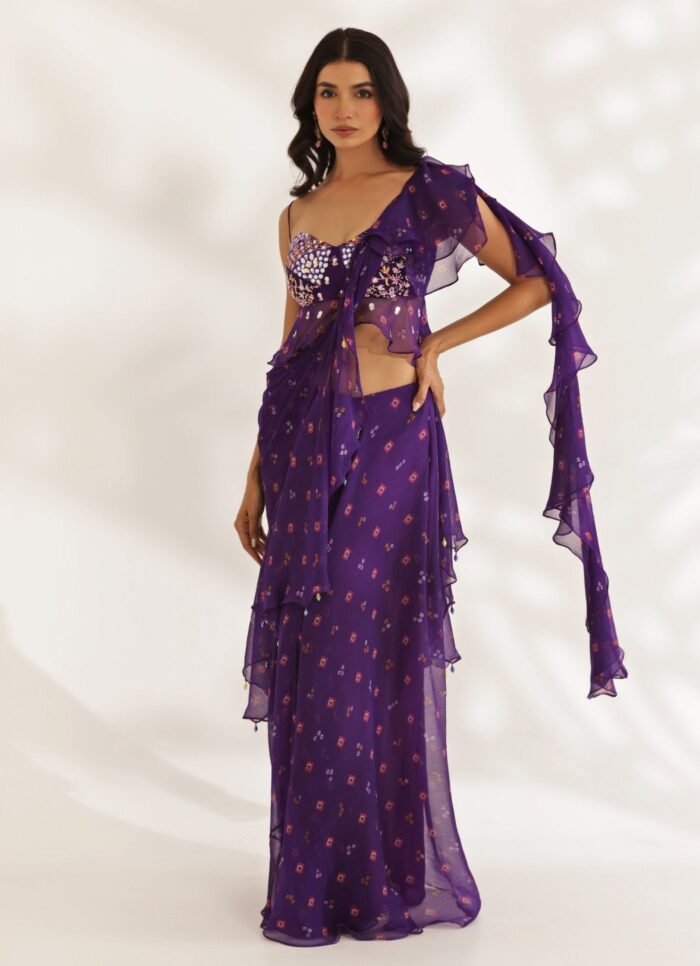 Purple Bandhani Predraped Chiffon Saree With Peplum Blouse