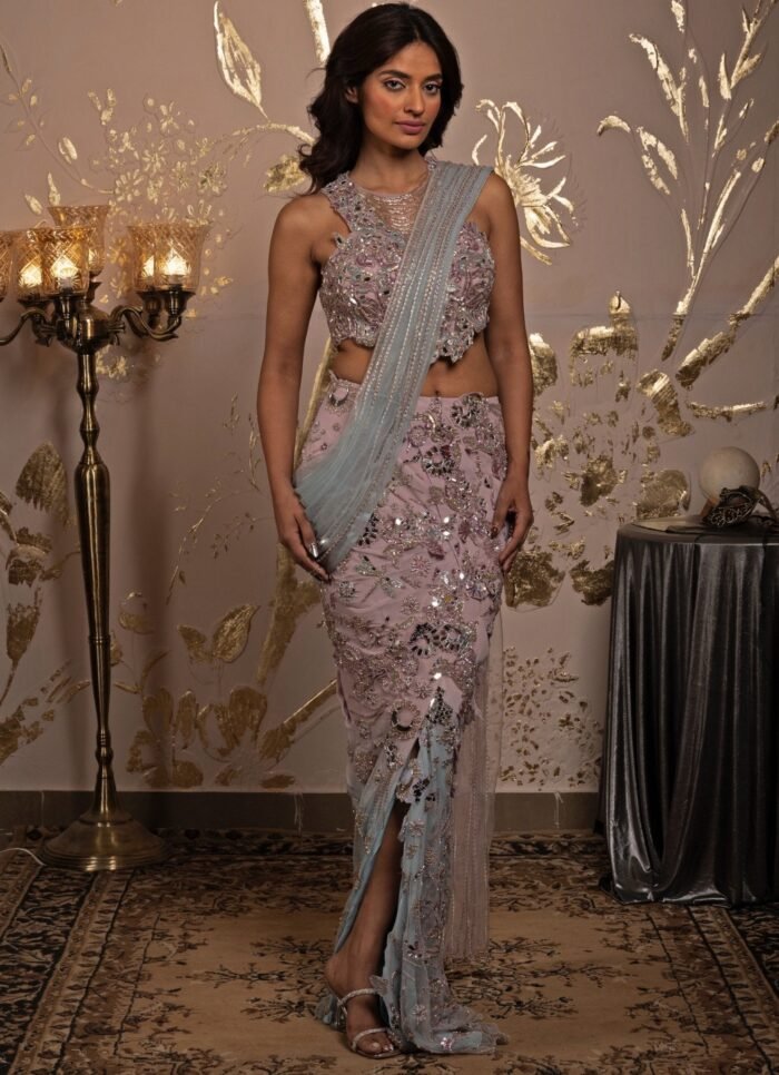 Purple & Blue Ombre Georgette Predraped Saree