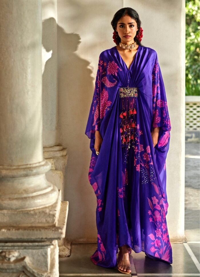Purple Embroidered Silk Organza Kaftan Set