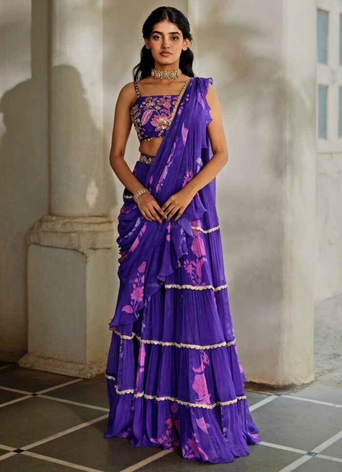 Purple Printed Chiffon Tiered Predraped Saree