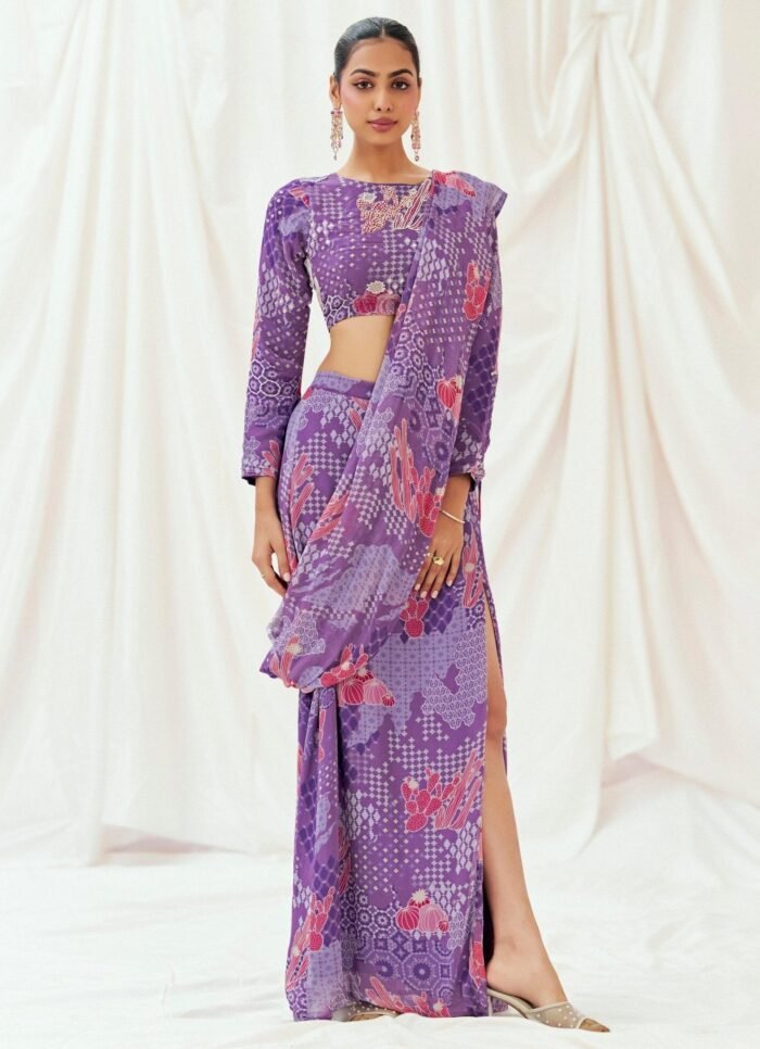 Purple Printed Georgette Predraped Slit Saree