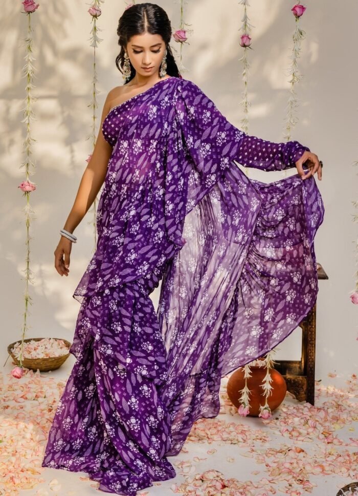 Purple Printed Ruffle Georgette Saree With One Shoulder Blouse