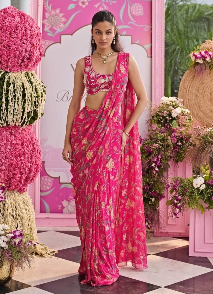 Rani Pink Printed Georgette Pre Draped Saree