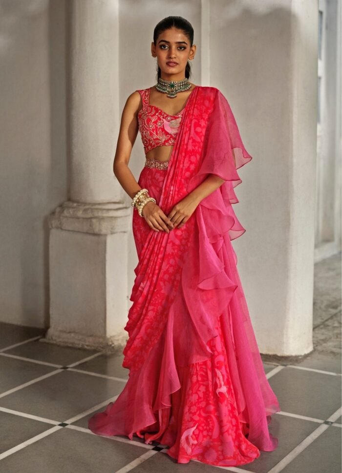 Red And Pink Printed Georgette Predraped Ruffle Saree