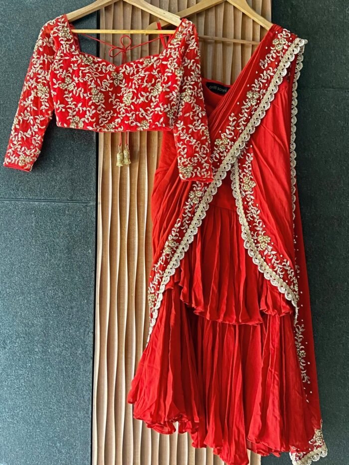 Red Draped Ruffle Saree