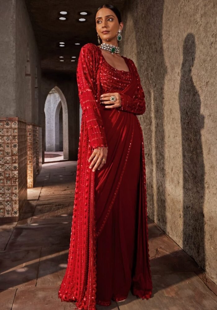 Red Embroidered Georgette Pre Drape Saree
