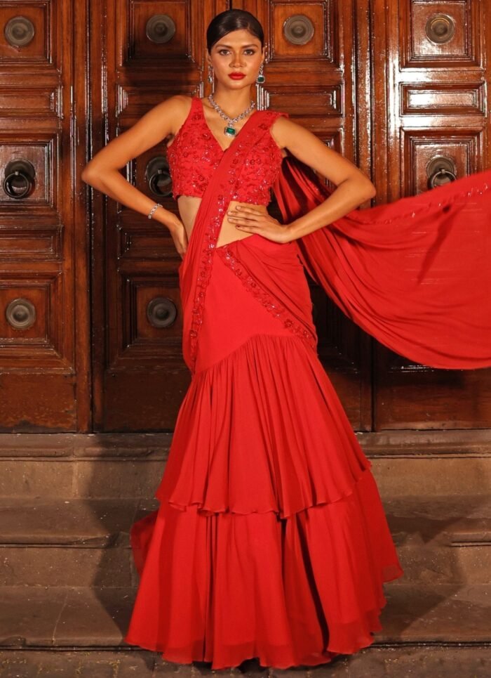 Red Embroidered Georgette Ruffle Pre-Draped Saree