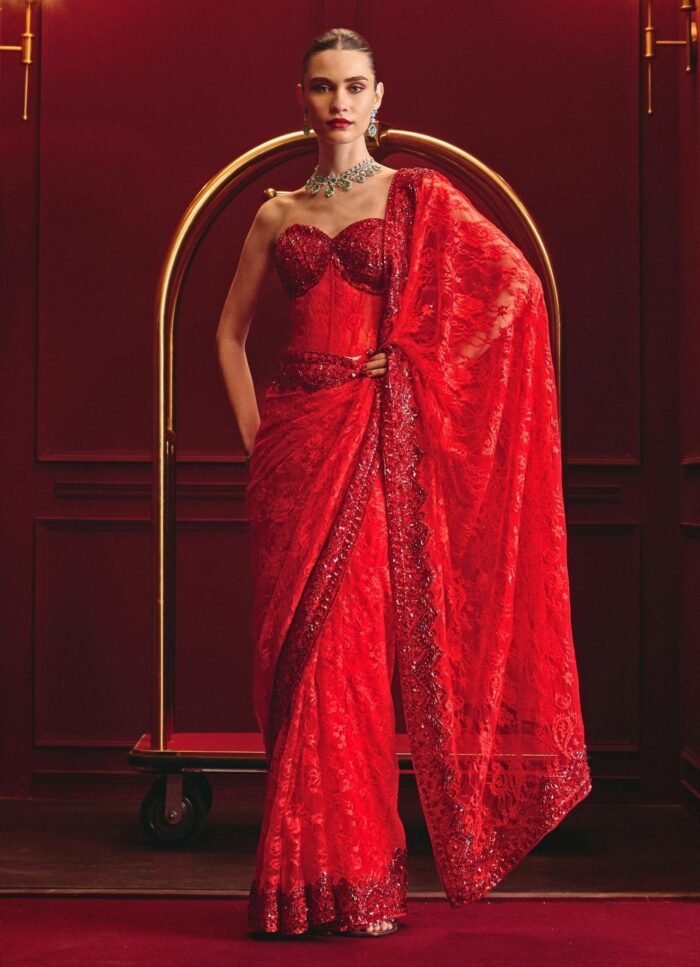Red Embroidered Lace Saree With Corset Blouse