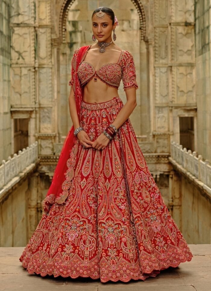 Red Embroidered Raw Silk Lehenga Set