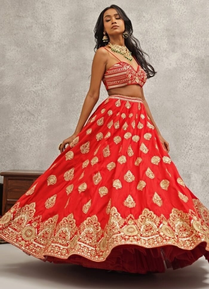 Red Embroidered Silk Jacket Lehenga Set