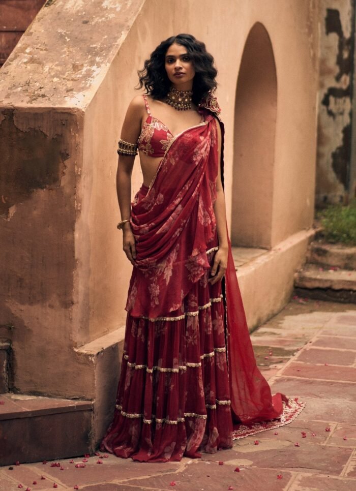Red Floral Printed Chiffon Predraped Saree