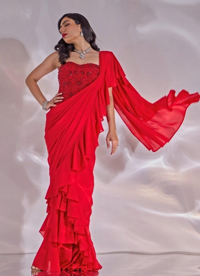 Red Georgette Ruffle Saree With Corset Blouse