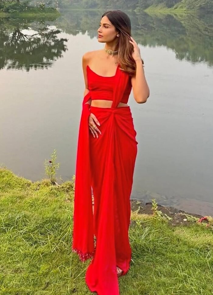 Red Pre Draped Pure Georgette Knot Saree With Corset Blouse