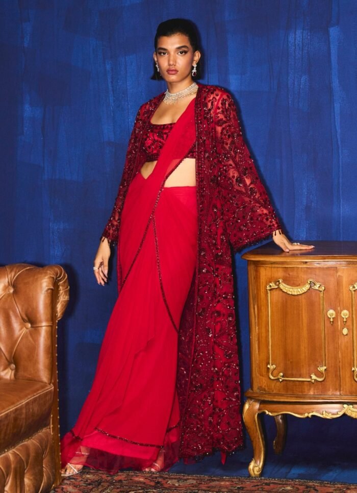Red Pre Draped Ruffle Saree With Embroidered Jacket