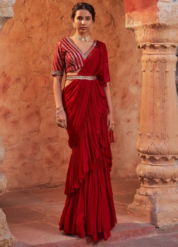 Red Pre-Draped Ruffled Silk Saree With Belt