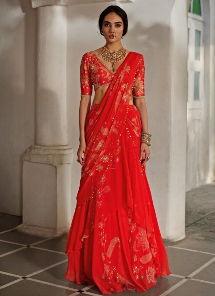 Red Printed Chiffon Pre-Draped Saree