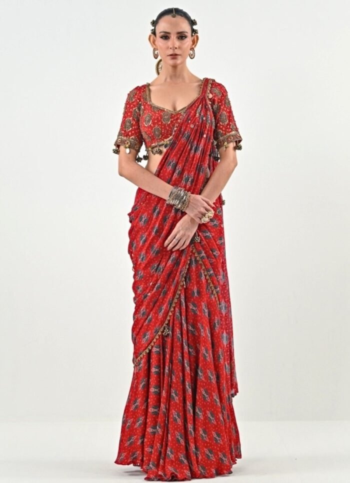 Red Printed Chinon Pre-Draped Saree Set