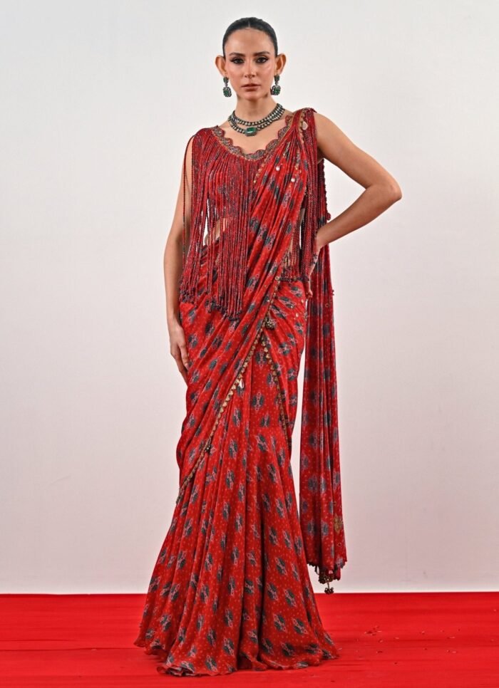 Red Printed Chinon Pre-Draped Saree