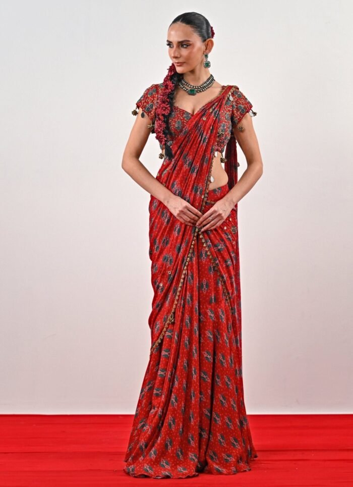 Red Printed Chinon Pre-Draped Saree