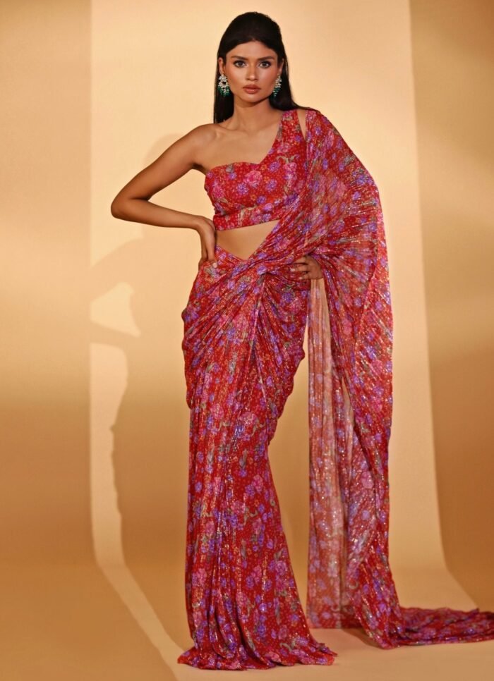 Red Printed Georgette Pre-draped Saree