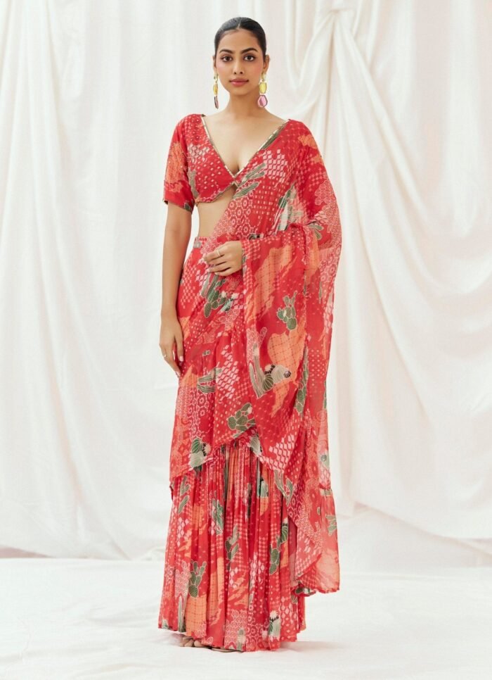 Red Printed Georgette Predraped Saree