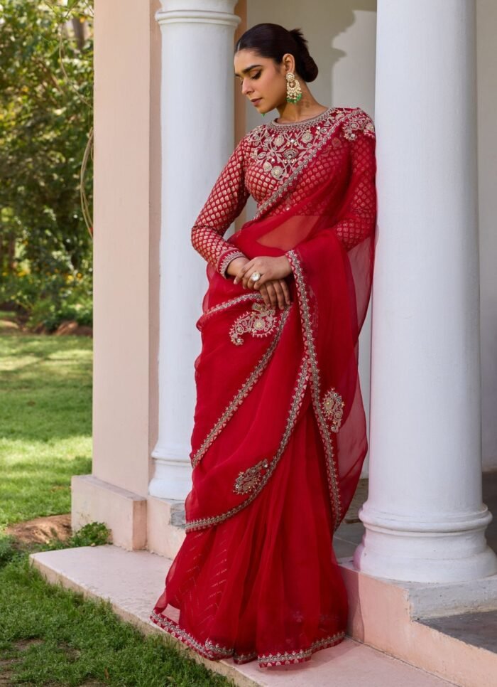 Red Pure Organza Saree With Embroidered Blouse