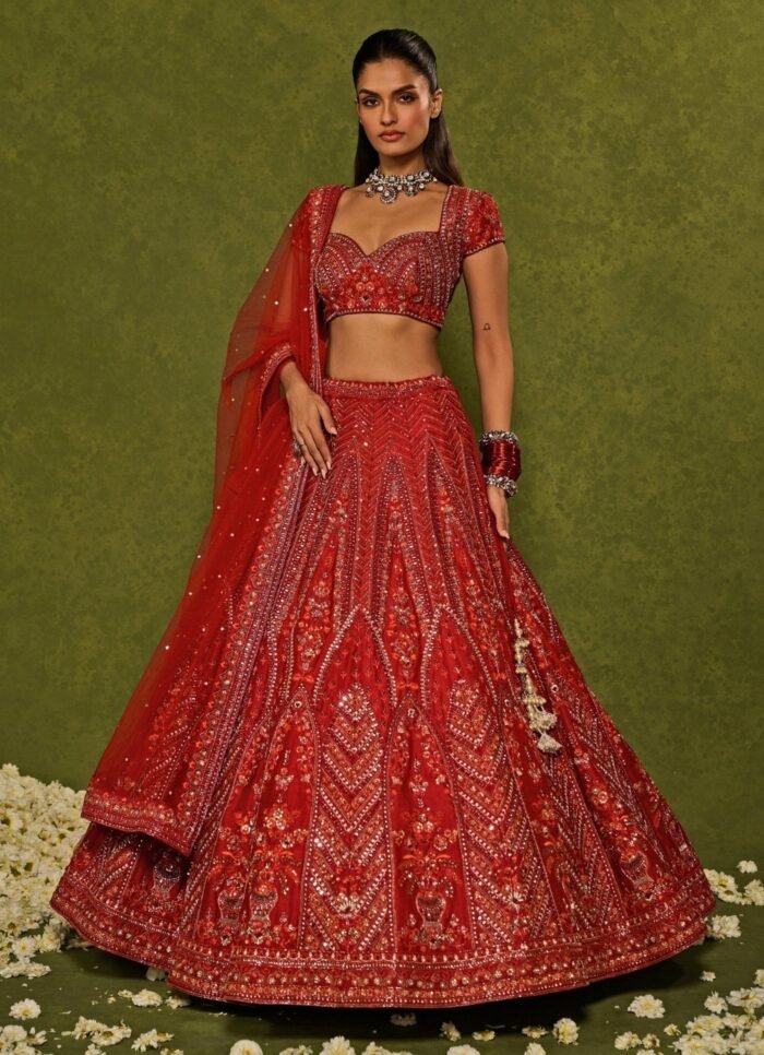 Red Raw Silk Bridal Lehenga