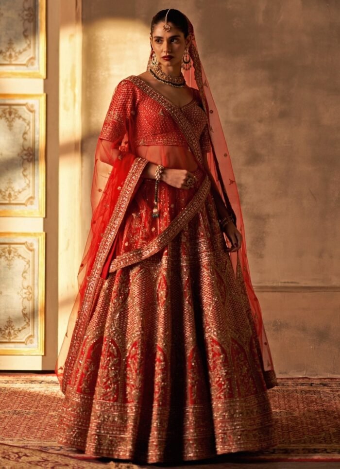 Red Raw Silk Double Dupatta Lehenga Set