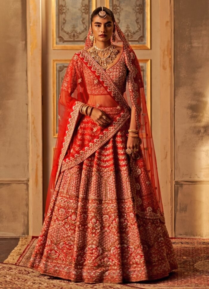 Red Raw Silk Lehenga Set With Double Dupatta