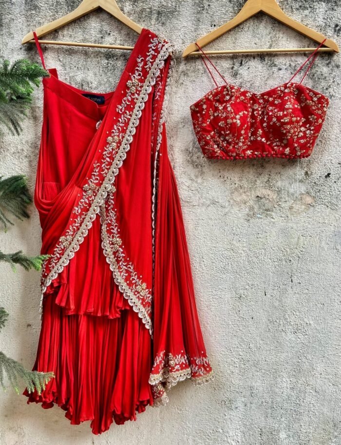 Regal Red Pre-Draped Ruffle Georgette Saree With Bustier