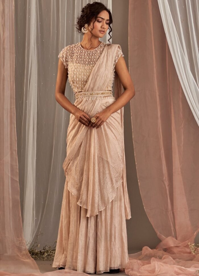 Rose Champagne Pre-Draped Tissue Saree With Tasseled Blouse