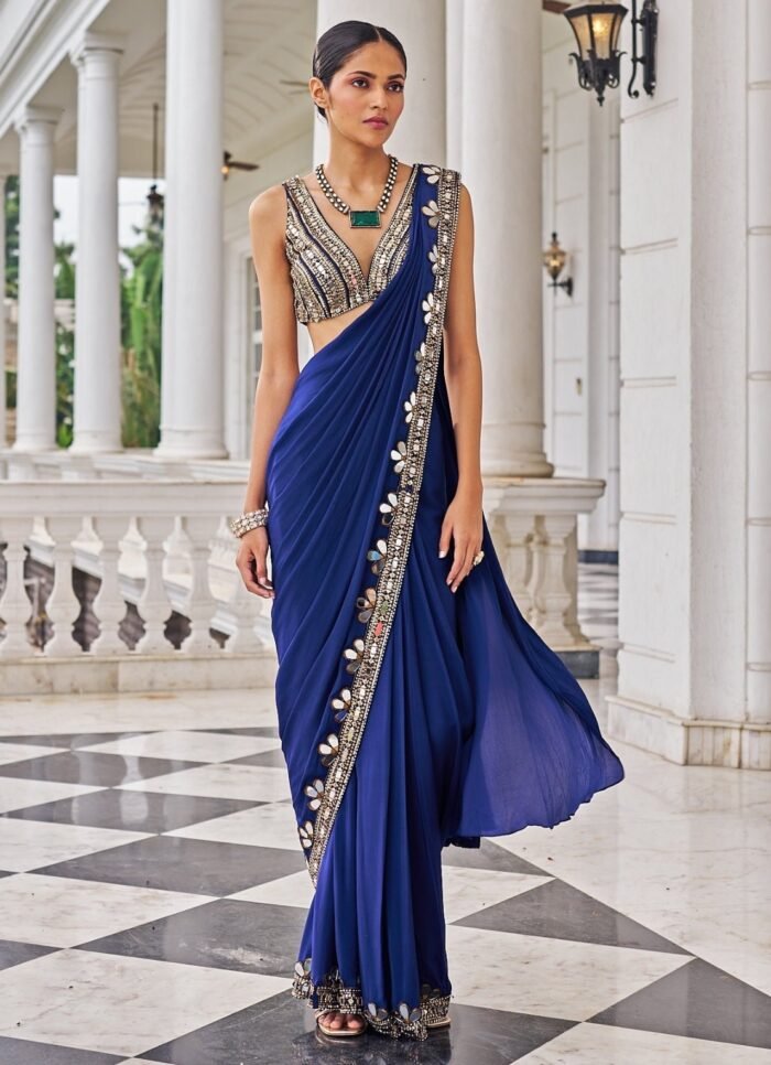 Royal Blue Mirrorwork Crepe Predraped Saree