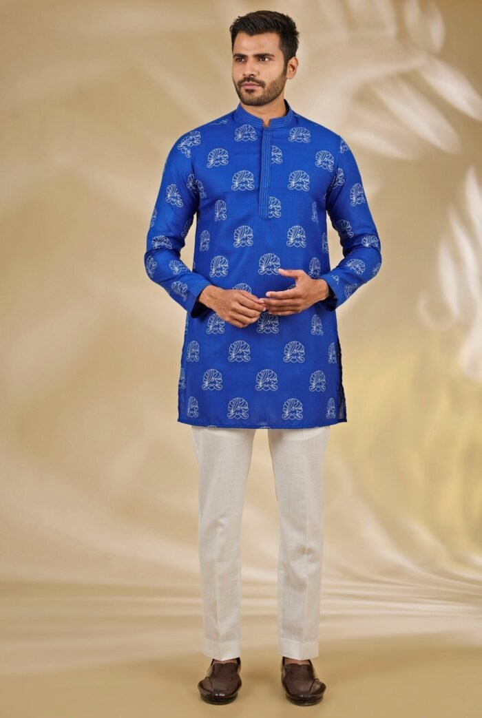 Royal Blue Printed Silk Kurta Set