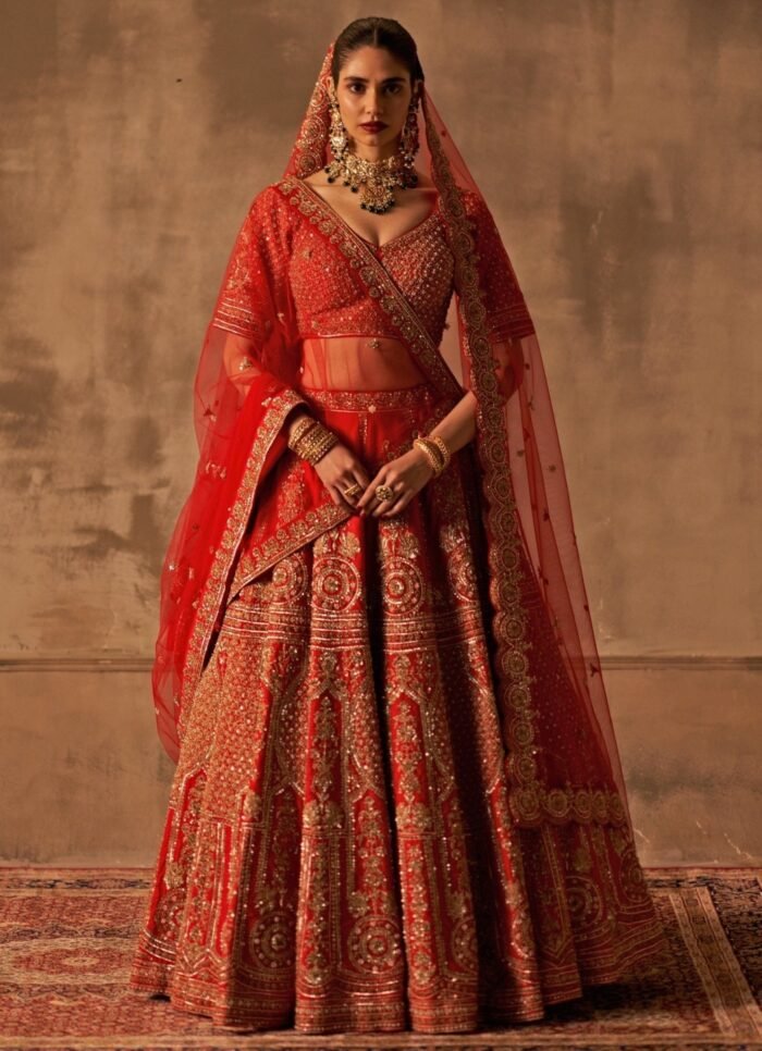Royal Red Raw Silk Double Dupatta Bridal Lehenga Set