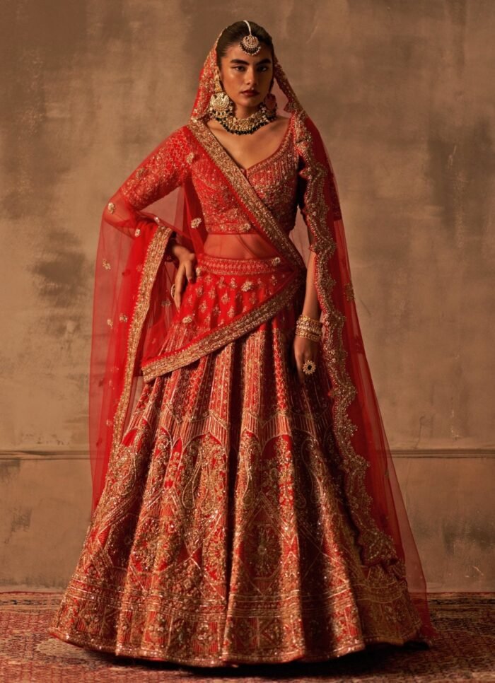 Royal Red Raw Silk Lehenga Set With Double Dupatta