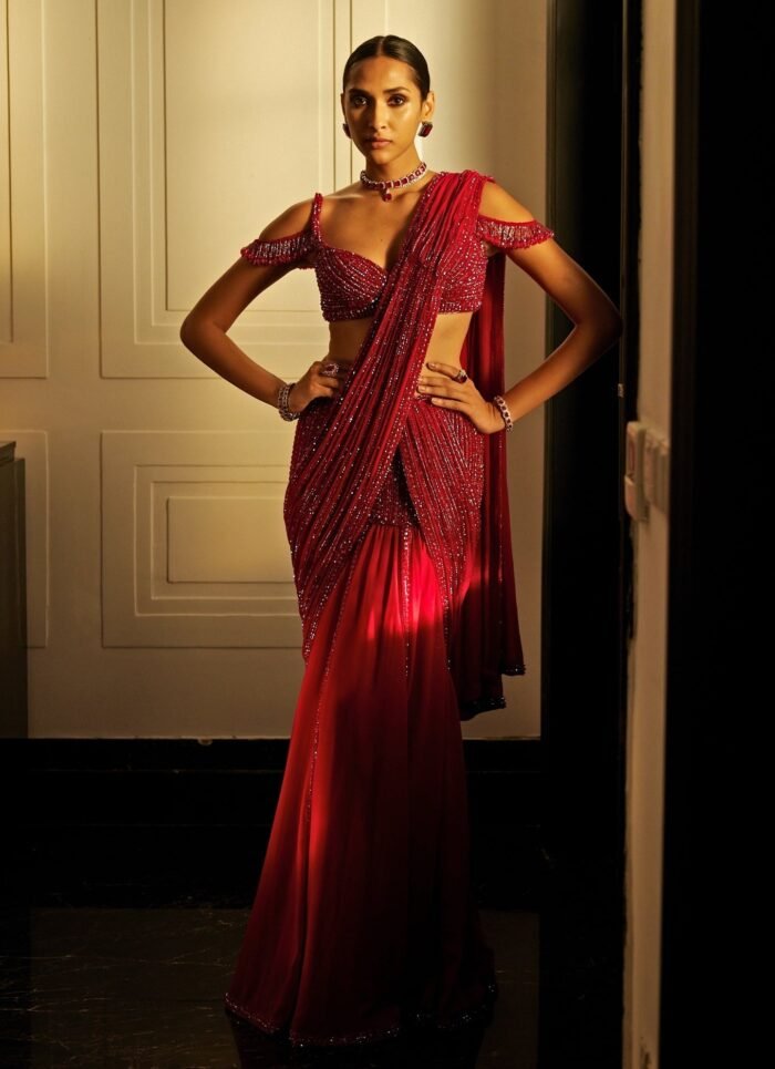 Ruby Red Pre-Draped Crystal Embroidered Georgette Saree With Cold Shoulder Blouse