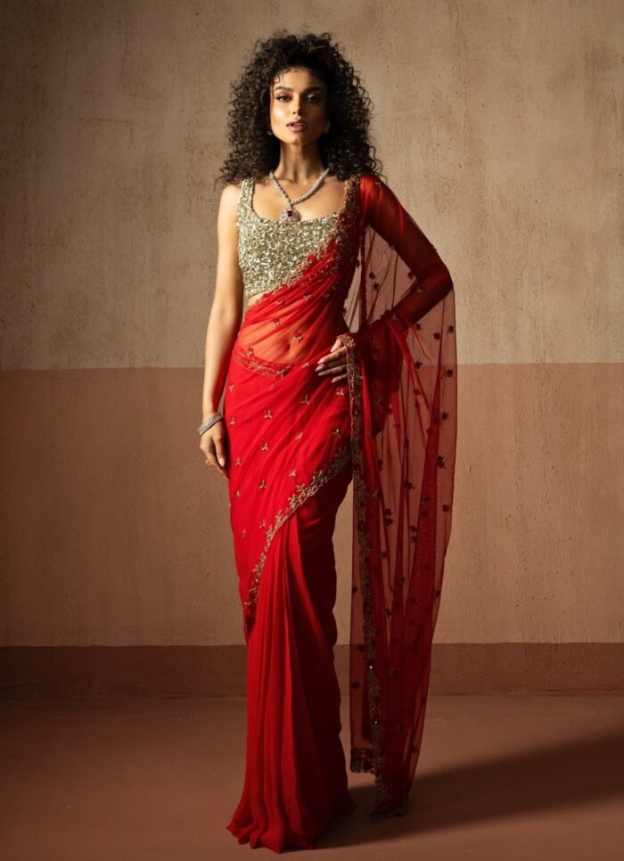 Ruby Red Pre Draped Georgette Sequinned Saree